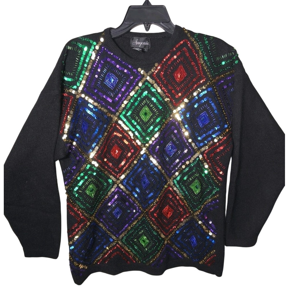 Angenie Vintage Lambswool Angora Sequin Bead Diamond Sweater Black Womens Large